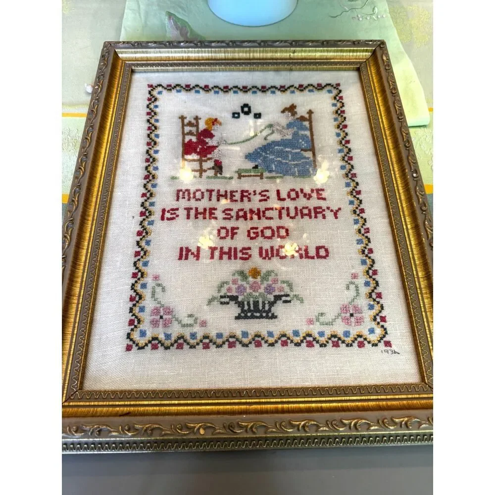 Vintage framed 1936 Cross stitch/Needle Point Mother's Love